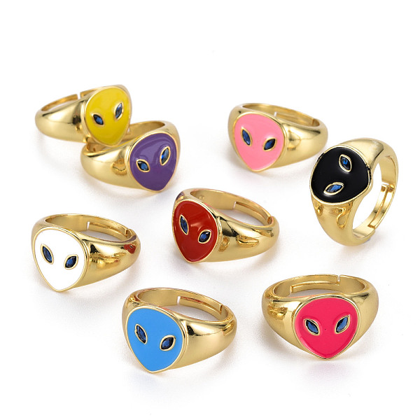 PandaHall Adjustable Brass Enamel Finger Rings, Nickel Free, Real 16K Gold Plated, The Aliens, Mixed Color, US Size 7 1/4(17.5mm) Brass...