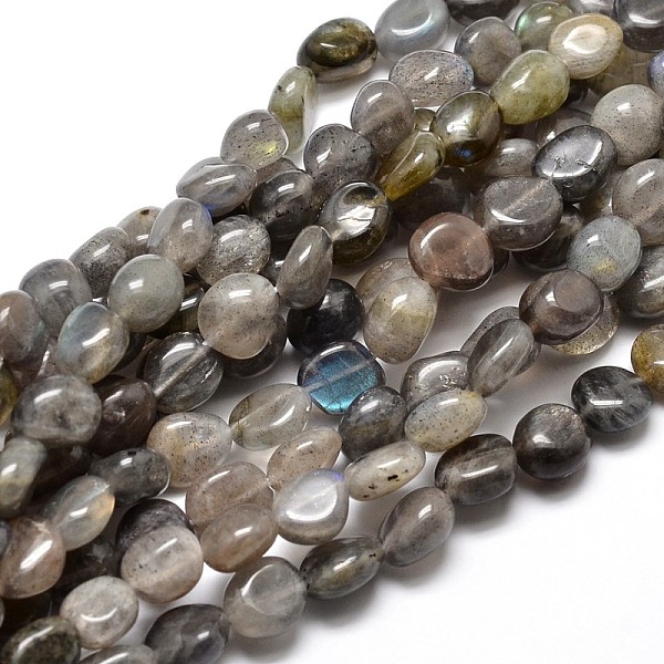 PandaHall Natural Labradorite Nuggets Beads Strands, Tumbled Stone, 4~8x6~9x5~7mm, Hole: 1mm, about 15.3 inch~15.7 inch Labradorite Nuggets