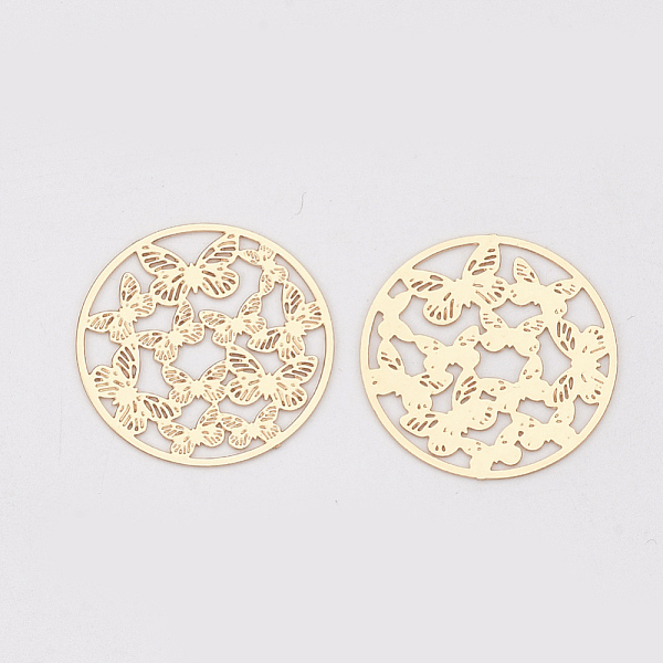 

PandaHall Brass Filigree Joiners Links, Etched Metal Embellishments, Long-Lasting Plated, Flat Round with Butterfly, Light Gold, 20x0.3mm...