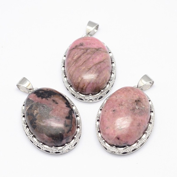 

PandaHall Natural Rhodonite Pendants, with Brass Findings, Oval, Platinum, 30x21x10~11mm, Hole: 6x4mm Rhodonite Oval
