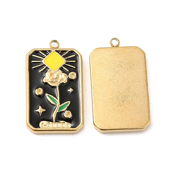 

PandaHall Vacuum Plating 201 Stainless Steel Enamel Pendants, Real 18K Gold Plated, Rectangle with Rose Charm, Black, 22.5x13x2.5mm, Hole...