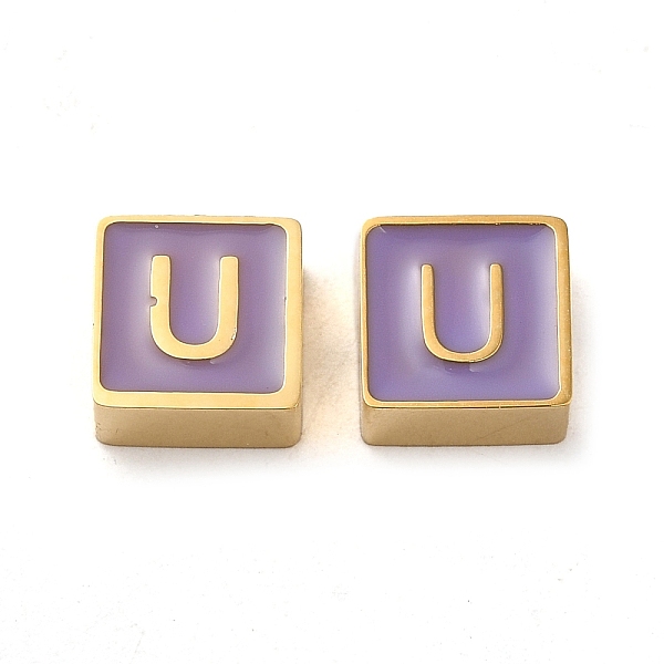 

PandaHall 304 Stainless Steel Enamel Beads, Real 14K Gold Plated, Square with Letter, Letter U, 8x8x4mm, Hole: 2mm Stainless Steel+Enamel..., Purple