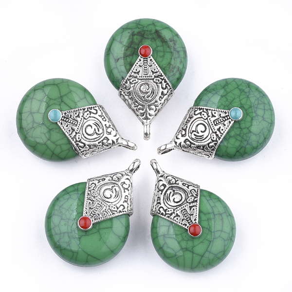 PandaHall Resin Pendants, with Alloy & Enamel, teardrop, Antique Silver, Green, 40x27x16mm, Hole: 3.5mm Alloy+Resin Teardrop Green