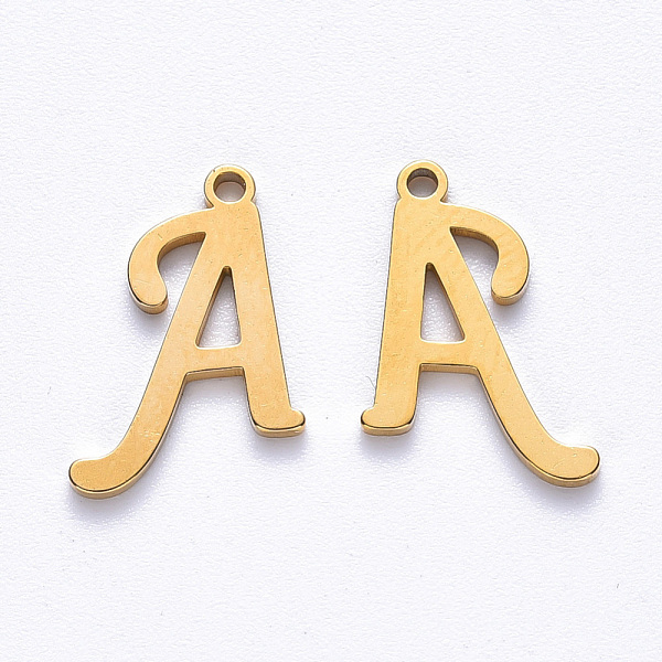

PandaHall Vacuum Plating 201 Stainless Steel Charms, Laser Cut, Golden, Letter.A, 12x9x1mm, Hole: 1.0mm 201 Stainless Steel Letter A