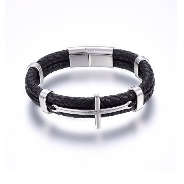 

PandaHall Leather Cord Bracelets, with 304 Stainless Steel Magnetic Clasp, Cross, Stainless Steel Color, 8-5/8 inch(22cm), 12~22x6~8.5mm..., Black