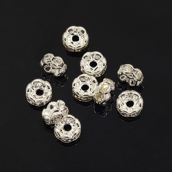 

PandaHall Brass Rhinestone Spacer Beads, Grade AAA, Wavy Edge, Nickel Free, Silver Color Plated, Rondelle, Crystal, 6x3mm, Hole: 1mm..., Clear