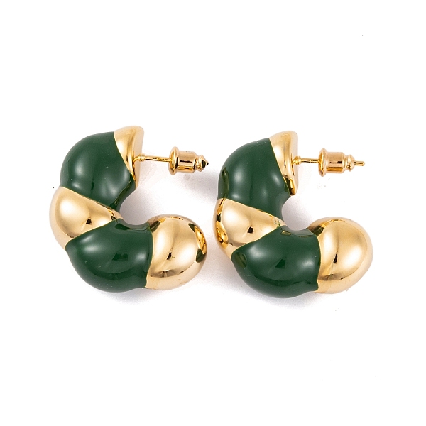 

PandaHall C-Shaped Brass Enamel Stud Earrings for Women, Real 18K Gold Plated, Dark Green, 30x12mm Brass
