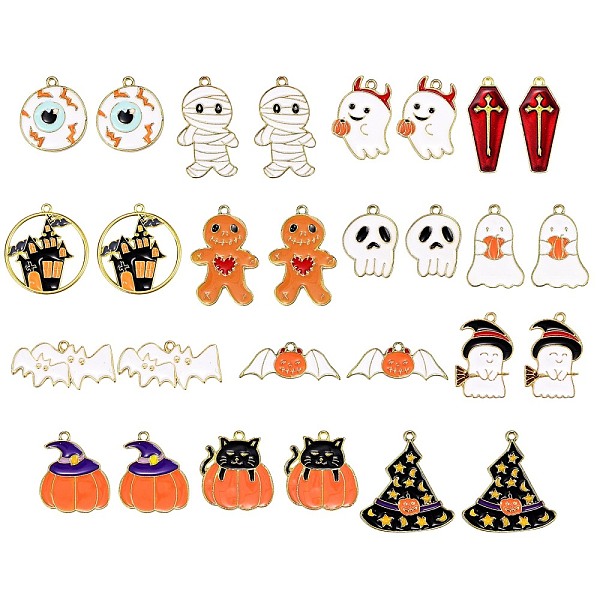 

PandaHall 28Pcs 14 Styles Halloween Theme Alloy Enamel Pendants, Mixed Shapes, Mixed Color, Light Gold, 2pcs/style Alloy+Enamel Mixed Shapes