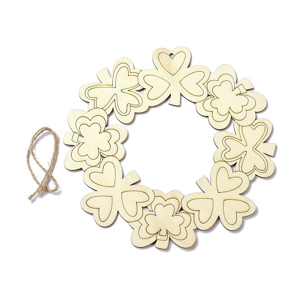 

PandaHall DIY Shamrock Wreath Unfinished Wooden Ornaments Blank Wooden Embellishments, with Hemp Rope, for Saint Patrick's Day Party..., Gold