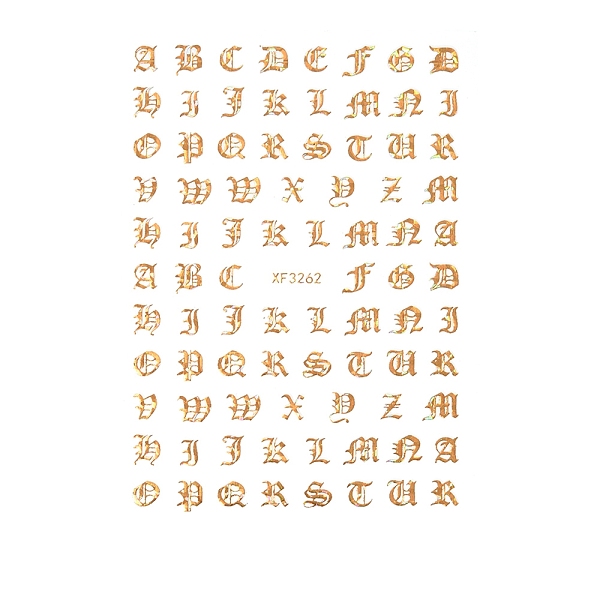 

PandaHall Laser Nail Art Stickers, Nail Decals, Self Adhesive, for Nail Tips Decorations, Alphabet Pattern, Gold, 92.5x64mm, Package Size...