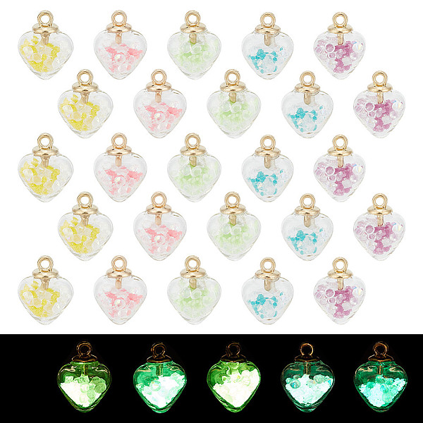 

PandaHall HOBBIESAY 60Pcs 5 Colors Luminous Glow in the Dark Glass Wish Bottle Pendants, Heart Charms, Mixed Color, 20x15x9mm, 12Pcs/color..., Multicolor