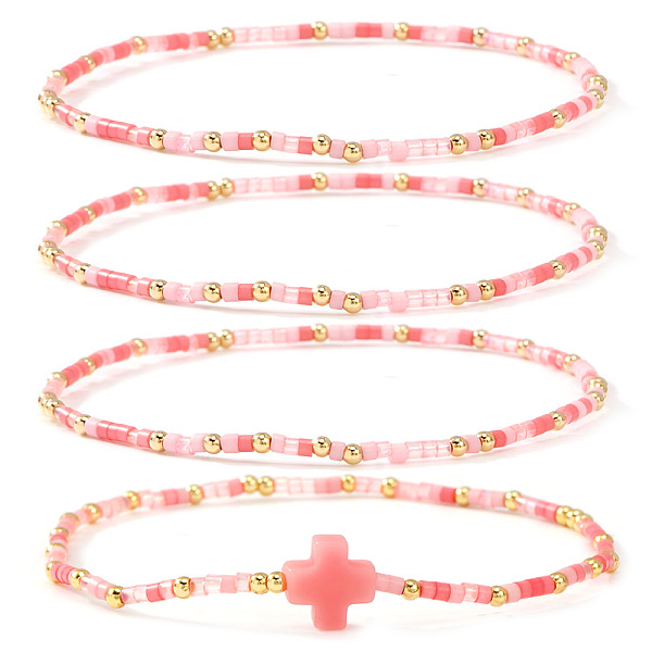 4Pcs Vintage Cylinder Seed Beads & Brass Beaded Bracelet Sets