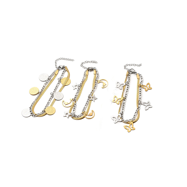

PandaHall Two Tone 304 Stainless Steel Curb & Flat Snake Chains Double Layer Multi-strand Bracelet with Charms for Women, Golden & Stainless...