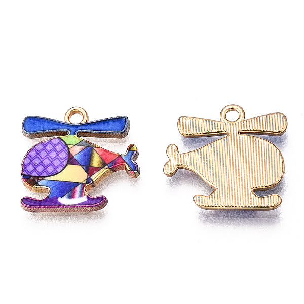 PandaHall Printed Alloy Pendants, Cadmium Free & Nickel Free & Lead Free, Light Gold, Helicopter Charm, Dark Violet, 17.5x18.5x2mm, Hole...