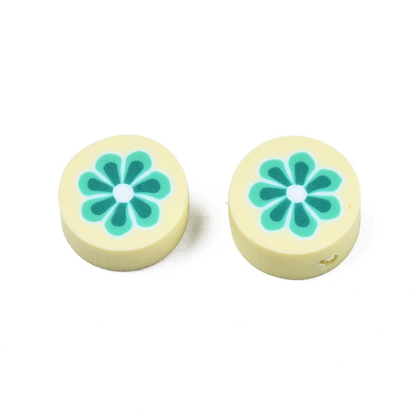 

PandaHall Handmade Polymer Clay Beads, Flat Round with Flower, Champagne Yellow, 9~10x4~4.5mm, Hole: 1.2~1.8mm Polymer Clay Flat Round