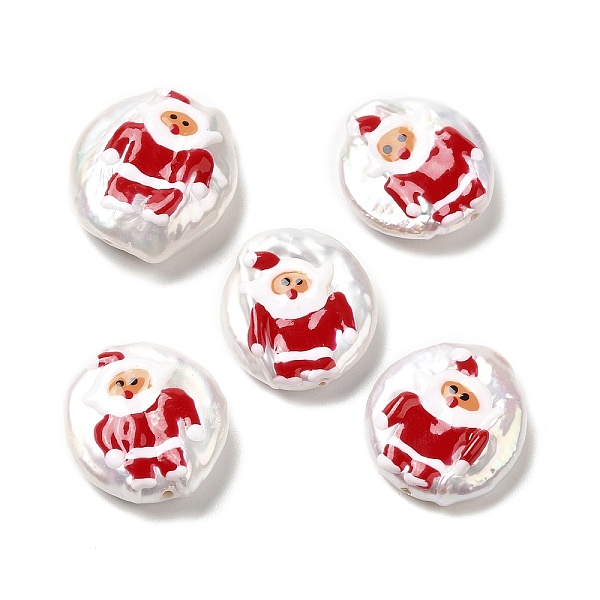 

PandaHall Baroque Style Natural Keshi Pearl Beads, Christmas Theme Beads with Enamel, Flat Round, Seashell Color, Santa Claus...