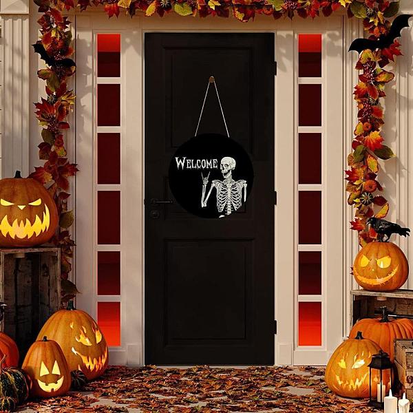 

PandaHall Wood Hanging Welcome Signs, Skeleton Pattern Pendant Decoration, with Hemp Rope, Halloween Theme, Black, 300x5mm Alloy Skull Black