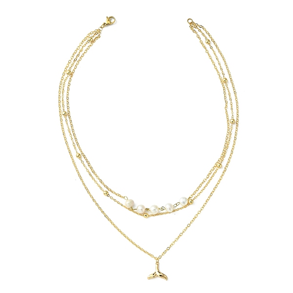 

PandaHall 3 Layered Necklaces, with Natural Pearl, Brass Chains and Pendants, Whale Tail Shape, White, Real 18K Gold Plated, 14.17 inch...