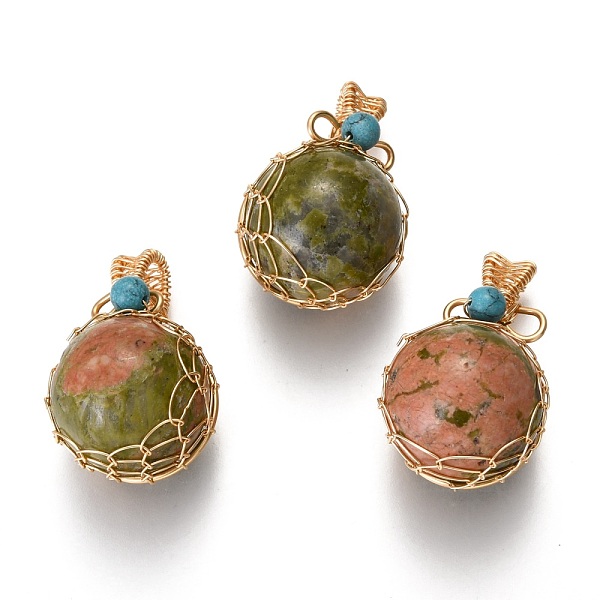 

PandaHall Natural Unakite & Turquoise Pendants, with Golden Brass Findings, Round, 26.5~28x17~17.5x16.5mm, Hole: 3~5X2.5~3.5mm Unakite Round