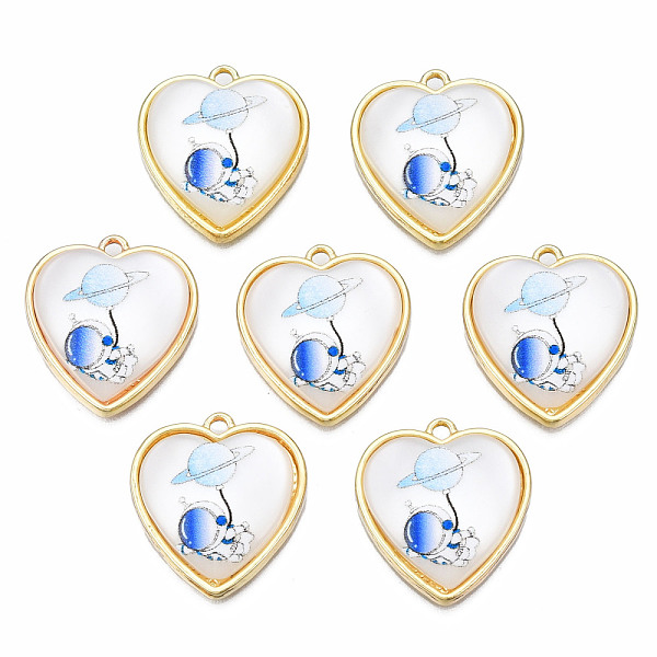 

PandaHall Resin Pendants, with Light Gold Plated Alloy, Cadmium Free & Nickel Free & Lead Free, Heart with Astronaut, White, 19.5x18x5mm...