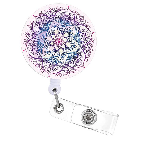 

PandaHall Flat Round ABS Plastic Badge Reel, Retractable Badge Holder, with Alligator Clip, Flower Pattern, 82x33mm Plastic Flower