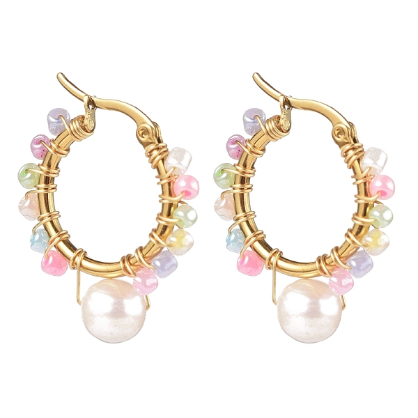 

PandaHall 304 Stainless Steel Beaded Hoop Earrings, with Glass Seed Beads and Natural Pearl Beads, Ring, Golden, Colorful, 29x25x3.5mm, Pin...