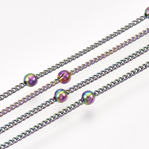 

PandaHall Brass Curb Chains, with Round Beads, with Spool, Soldered, Rainbow Color, 2.5x2x0.3mm, about 20yard/roll Brass
