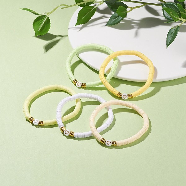 

PandaHall 5Pcs 5 Color Handmade Polymer Clay Heishi Surfer Stretch Bracelets Set, Alloy Heart Beaded Preppy Bracelet Women, Mixed Color..., Multicolor