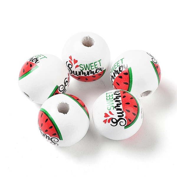 

PandaHall Summer Theme Printed Wood European Beads, Large Hole Watermelon Print Round Beads, Red, 16mm, Hole: 4mm Wood Red