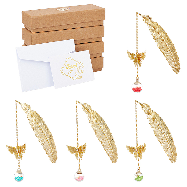 

PandaHall Glass Ball & 3D Brass Butterfly Pendant Bookmarks, with Paper Thank You Greeting Card & Envelopes, Cardboard Boxes, Golden Brass..., Multicolor
