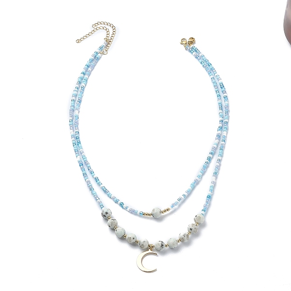 

PandaHall 2Pcs 2 Style Glass Seed Beaded Necklaces, with Natural Sesame Jasper/Kiwi Jasper & Seed Beaded Necklaces Set, Brass Crescent Moon...