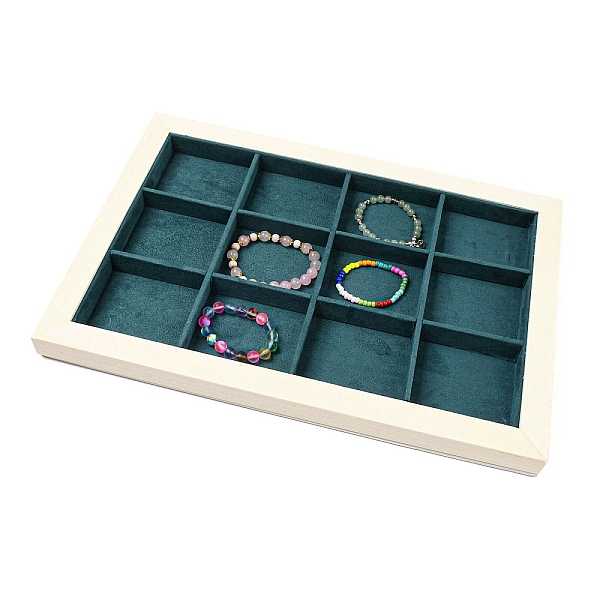 

PandaHall 12 Grids Rectangle Microfiber Cloth Jewelry Display Tray, Jewelry Organizer Holder with White Pine Wood Base,for Bracelets..., Cyan