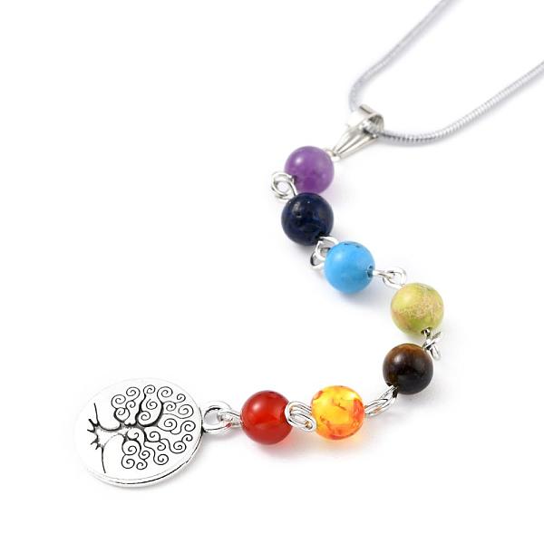 

PandaHall Chakra Jewelry, Mixed Stone and Alloy Pendant Necklaces, with 316 Surgical Stainless Steel Herringbone Chains, Antique Silver &...