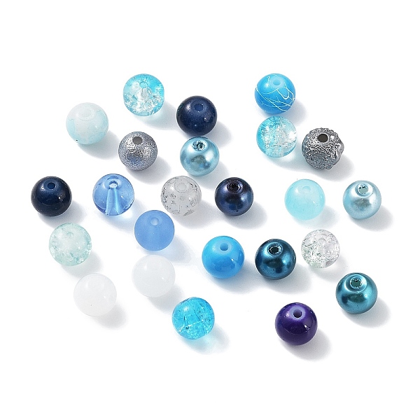 

PandaHall Glass Beads, Round, Mixed Style, Blue, 8~8.5x7.5mm, Hole: 0.8mm, 300pcs/bag Glass Round Blue