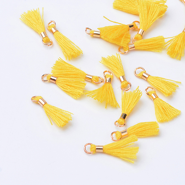 

PandaHall Polycotton(Polyester Cotton) Tassel Pendant Decorations, with Unwelded Iron Jump Rings, Golden, Gold, 10~16x2mm, Hole: 1.5mm...