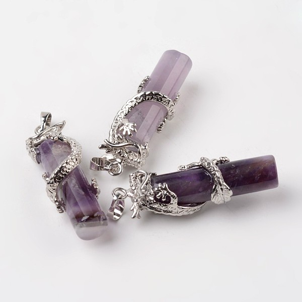 

PandaHall Tube Natural Amethyst Pendants, with Dragon Brass Findings, Platinum, 48x15x10mm, Hole: 7x5mm Amethyst Tube