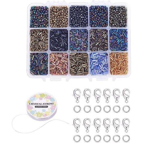 

PandaHall 15 Color Glass Seed Beads Jewelry Making Kit, 4/ 6mm Lined Glass Bugle Beads, 8/0 Seed Beads with Lobster Claw Clasps, Jump..., Multicolor
