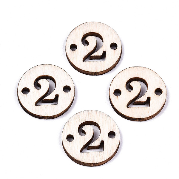 PandaHall Unfinished Natural Poplar Wood Links Connectors, Laser Cut, Flat Round with Number, Num.2, 19.5x2.5mm, Hole: 2mm Wood Number