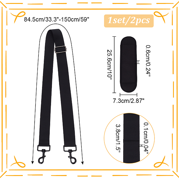 

PandaHall WADORN Polyester Webbing Bag Straps, 33.26-59.05 Inch Universal Adjustable Padded Laptop Shoulder Strap Replacement with Alloy..., Black