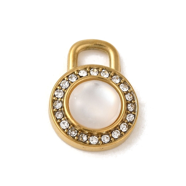 

PandaHall Ion Plating(IP) 304 Stainless Steel Pendants, with Rhinestone and Shell, Flat Round Lock Charm, Golden, 16x12x4mm, Hole: 3x4mm..., Clear
