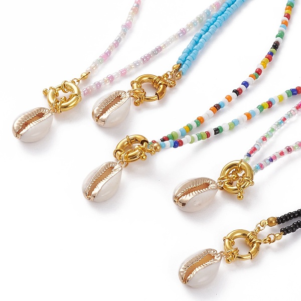 

PandaHall Electroplate Natural Cowrie Shell Pendant Necklaces, with Round Mixed Style Glass Seed Beads, Golden, Mixed Color, 17.91 inch..., Multicolor
