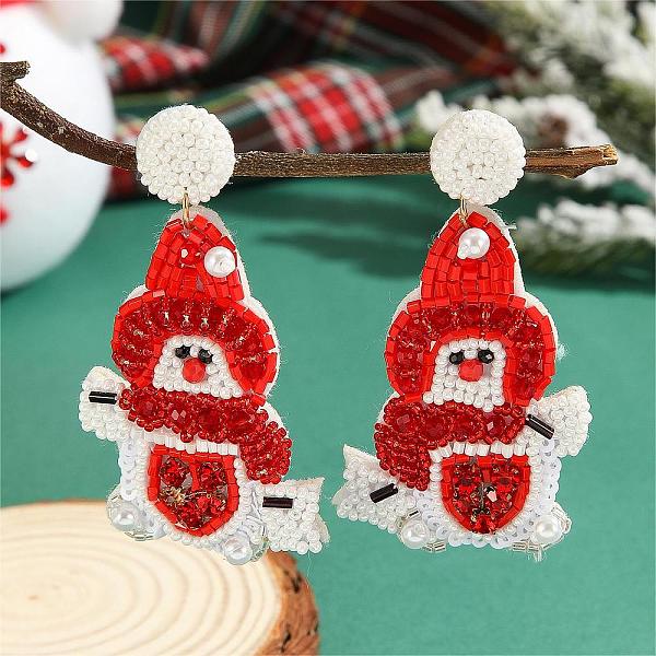 雪だるま柄とガラスビーズのクリスマス風ビーズイヤリング