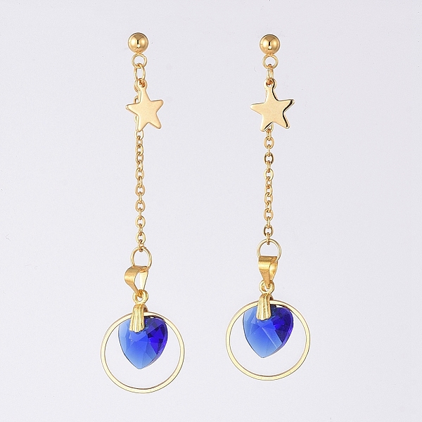 

PandaHall Glass Heart Dangle Ear Studs, with 304 Stainless Steel Studs & Cable Chains & Findings and Brass Ear Nuts, Blue, 65mm, Pin: 0.8mm...