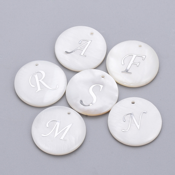 

PandaHall Natural Freshwater Shell Pendants, with Platinum Plated Iron Etched Metal Embellishments, Flat Round with Initial Letter, White...