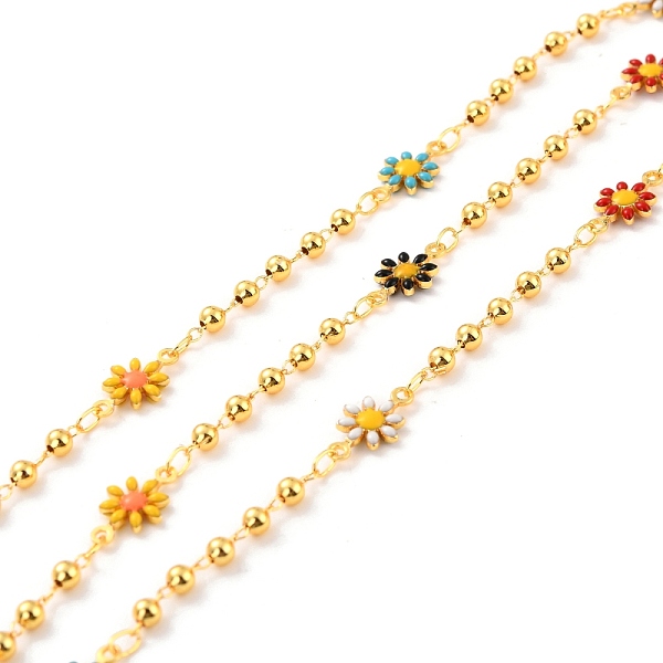 

PandaHall Handmade Brass Link Chains, with Round Beads, Long-Lasting Plated, Soldered, with Spool, Flower with Enamel, Golden, Colorful...