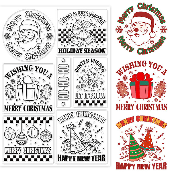 

PandaHall GLOBLELAND Greeting Christmas Clear Stamps for Card Making Santa Claus Snowman Small Bell Transparent Silicone Stamps for DIY...
