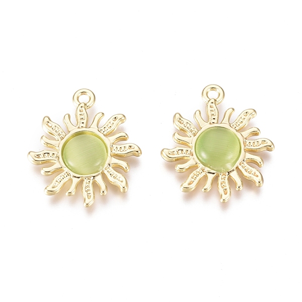 

PandaHall Alloy Cat Eye Pendants, Sun, Golden, Light Green, 21.5x18.5x3mm, Hole: 1.6mm Alloy+Cat Eye Sun Green