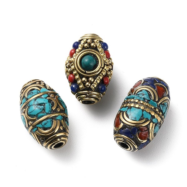 

PandaHall Handmade Tibetan Style Beads, with Brass Findings and Synthetic Turquoise, Antique Golden, Barrel, 21.5~25x14~16mm, Hole: 2~2.5mm..., Multicolor