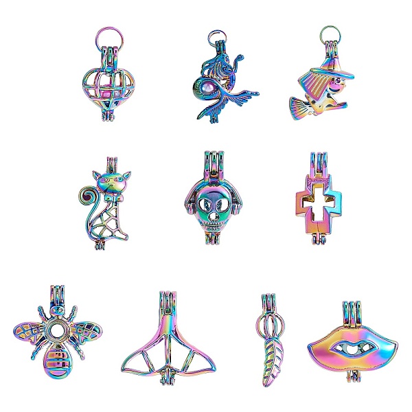 

PandaHall 10Pcs 10 Styles Rainbow Color Plated Alloy Bead Cage Pendants, Essential Oils Diffuser, Mixed shapes, 24.5~41.5x11.5~34x9.5~12mm...