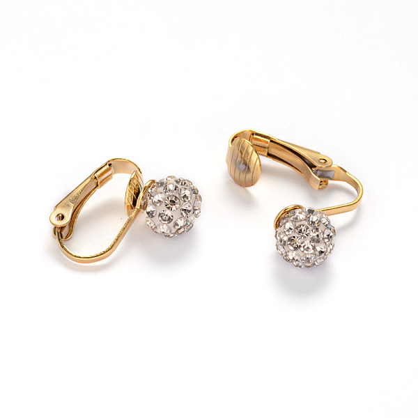 

PandaHall 304 Stainless Steel Clip-on Earrings, with Polymer Clay Rhinestone Beads, Golden, 16x4x17mm Rhinestone White